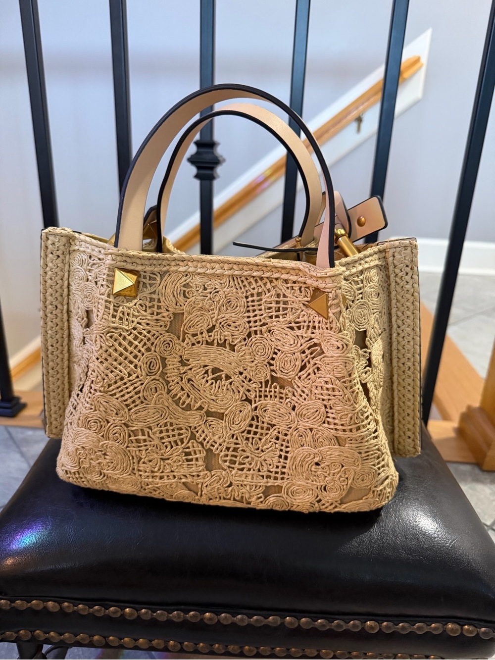 Beige Crochet Lace Straw Tote with Gold Stud Accents